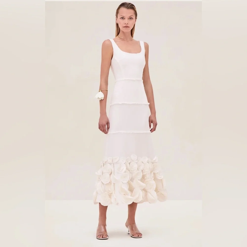 Alexis Cream Midi Dress with Floral Hem - Picture 1 of 9